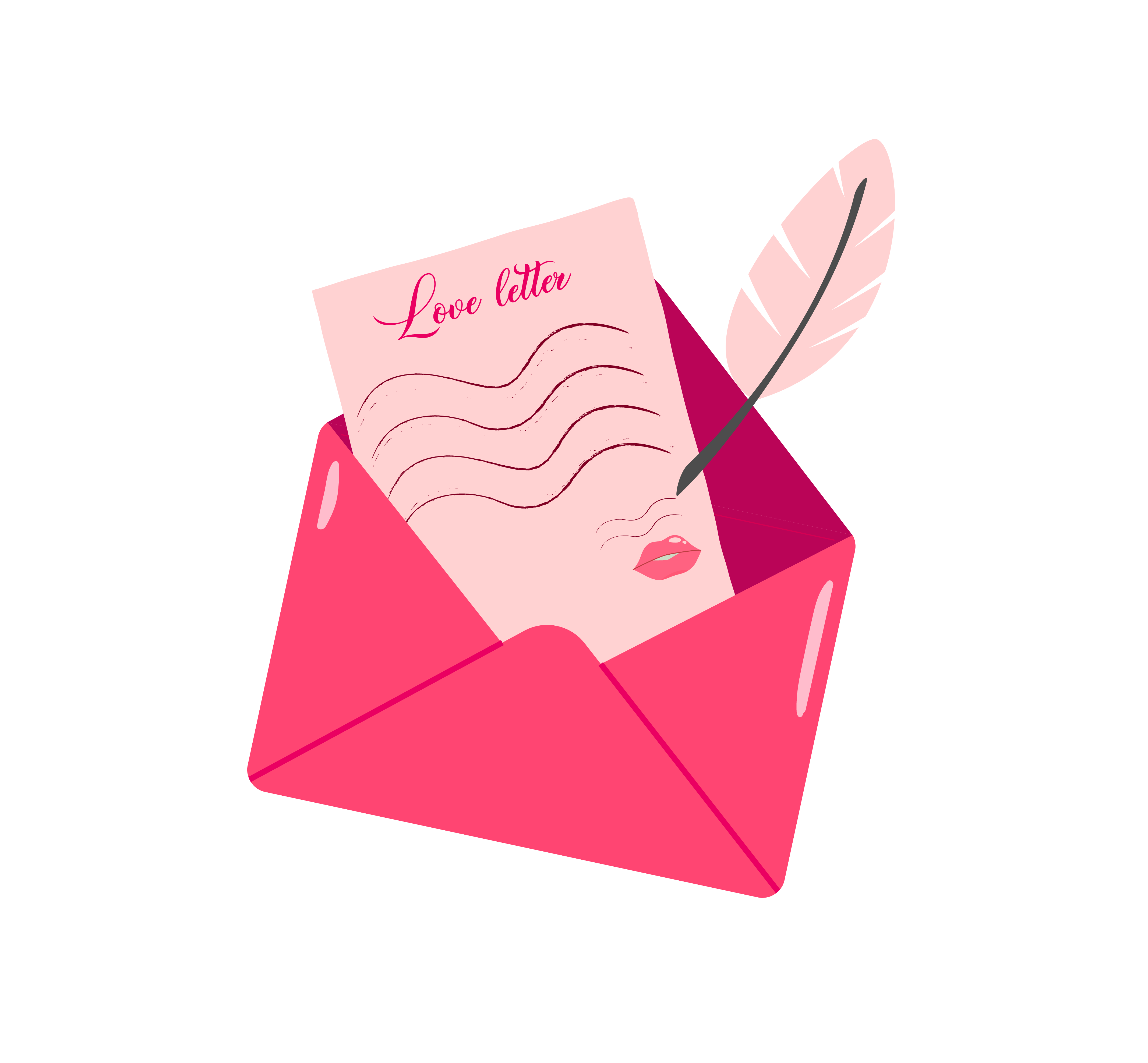 A love letter, feather pen and envelope
